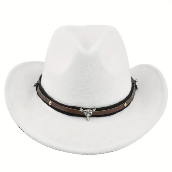 White Western Cowboy Hat – Cowboy Cowgirl Rodeo Style with‎ Bull Skull Accent - Picture 1 of 6